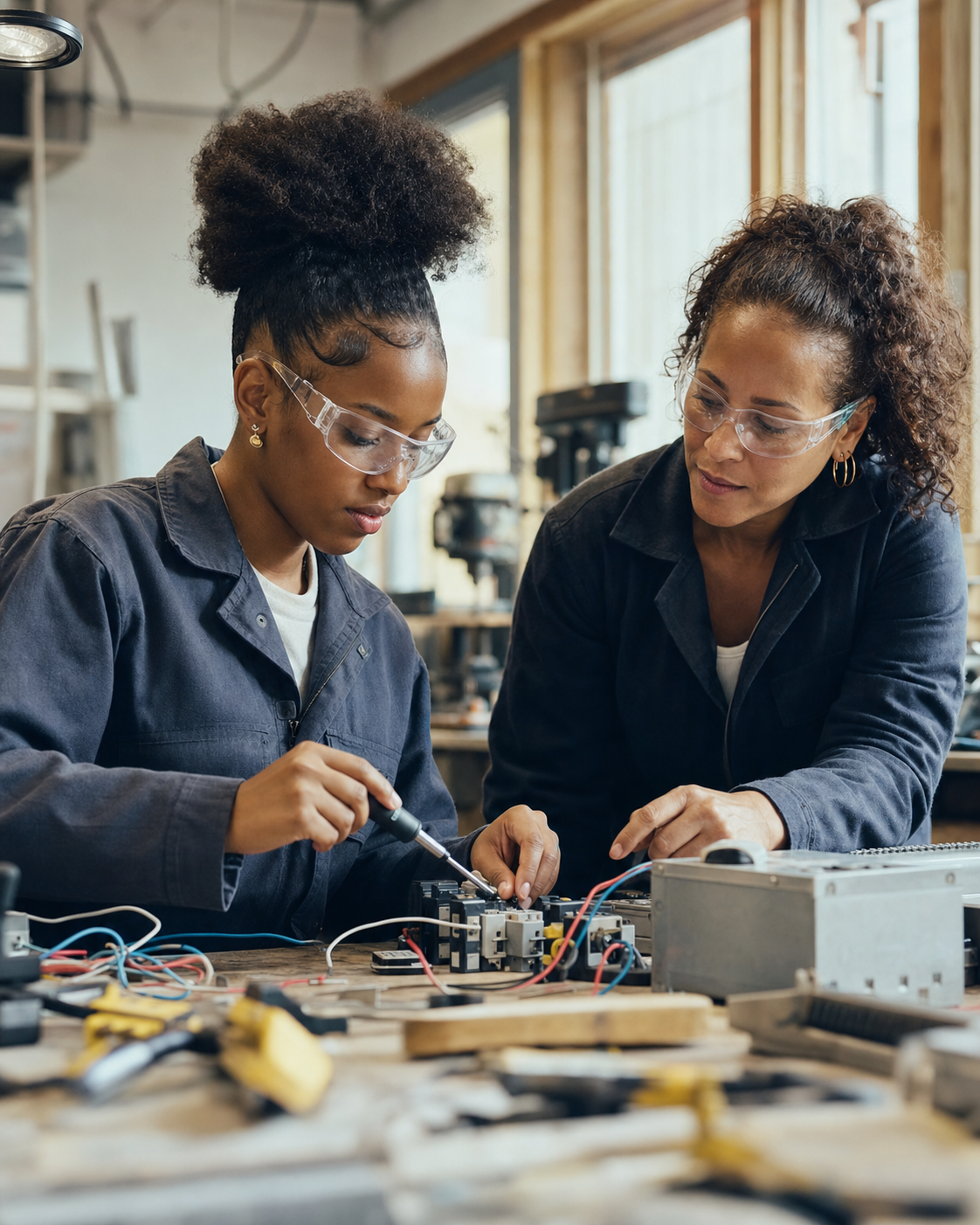 Young apprentice learning practical skills with support from a mentor